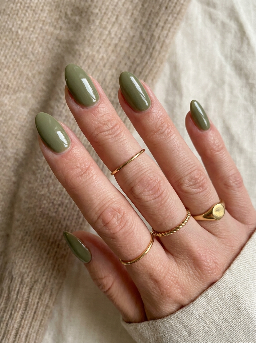 Klassische olivgrüne Herbstnägel mit glänzendem Finish